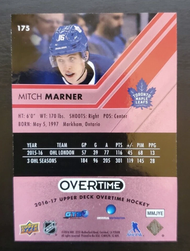 2016-17 Upper Deck Overtime Mitch Marner Red Foil Rookie 96/99 #175 Maple Leafs - Image 3 of 3