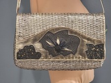 Vintage Rodo Metallic Silver Woven Flap Over Clutch Shoulder Purse