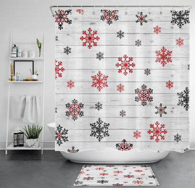 Rustic Style Winter Black Red Snowflakes Shower Curtain Bathroom Accessories Set