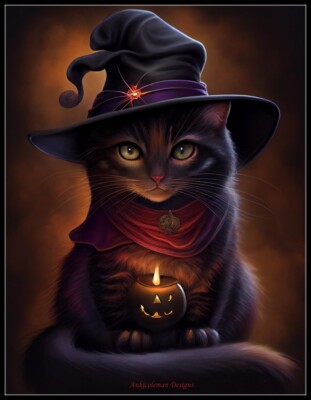 Witch Kitty - DIY Chart Counted Cross Stitch Patterns Needlework DMC Color 14 ct