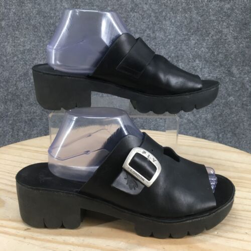 FLY London Sandals Womens 42 Chunky Slides Black Leather Casual Block Buckle