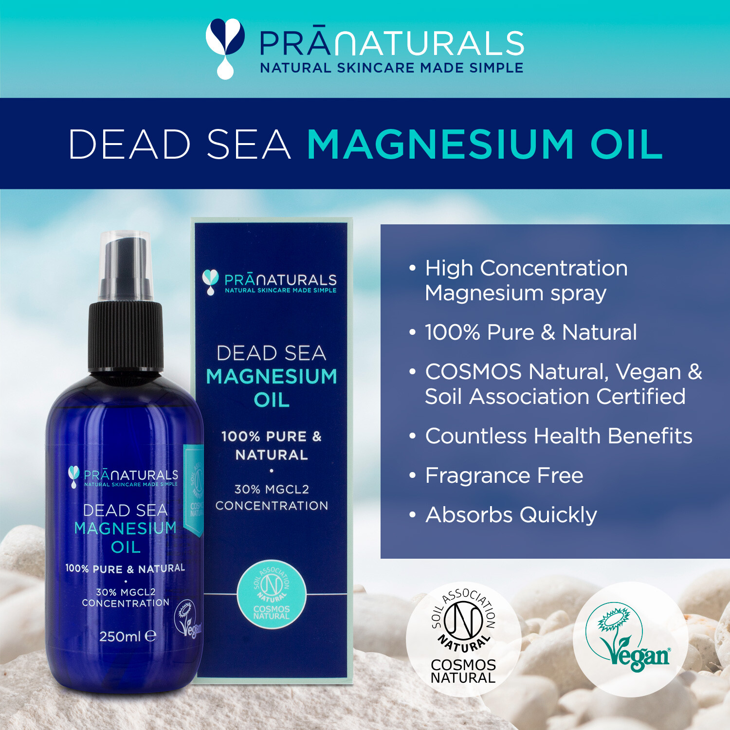 PraNaturals Dead Sea Magnesium Oil 250ml 100 Pure Natural Soothes