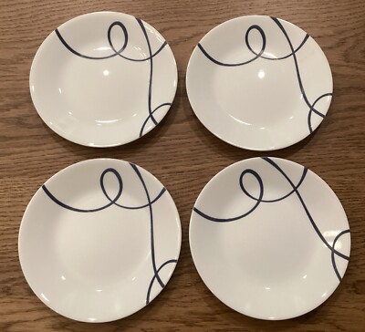 Corelle LIA Bread Dessert Plates 3/4” White W/Navy Blue Swirl Lines Set  Of