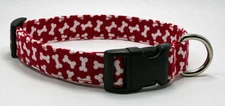Dog Bones on Crimson Red Fabric Dog Collar Adjustable Handmade Custom Designer