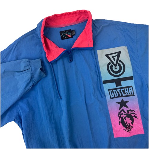 Vintage Gotcha Surf Skate Windbreaker Jacket M Blue Pink 80s 90s Nylon Pullover - Picture 2 of 14