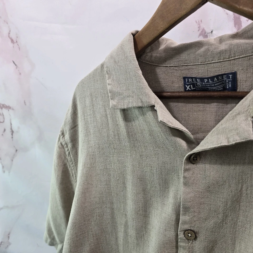 Camisa Free Planet Para Hombre XL Lino Botón Beige Tostado Safari Utilidad Manga Corta  Foto 2 de 4