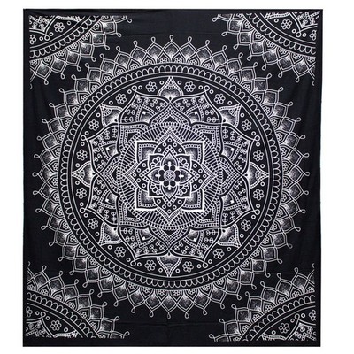 Boho Tagesdecke 230x200 cm Baumwolle Schwarz Weiß Lotus Wandteppich Bettüberwurf