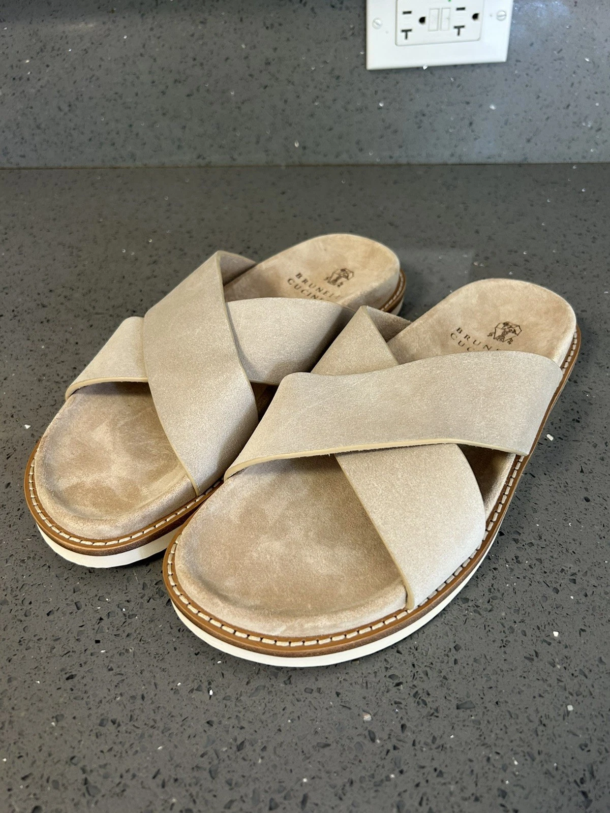 Brunello Cucinelli — BRUNELLO CUCINELLI 800$ Washed Suede Cross-over Slide Sandals - Light Brown