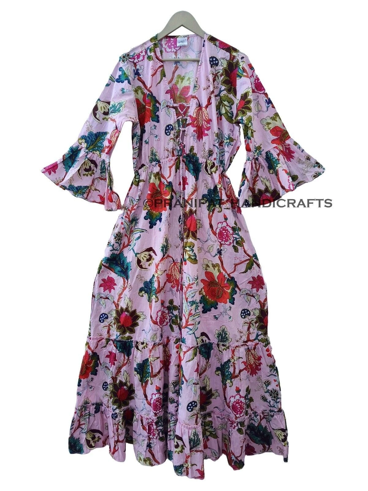 Indian Cotton Floral Print beach Cover up Pink Blouson Summer Party Wear Dress