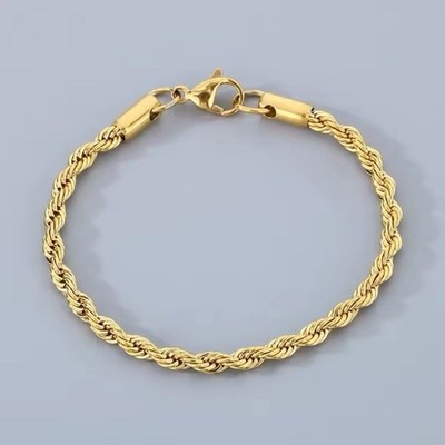 18K Gold Plated Rope Chain Bracelet for Men Women Twisted Link Stainless Steel