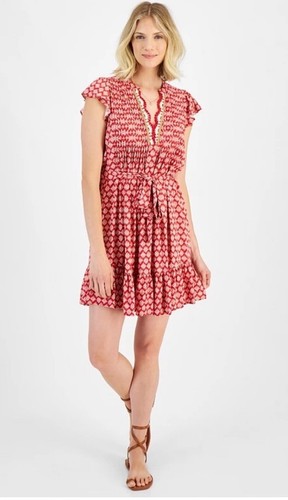 Nautica Jeans Womens Crochet-Trim Flutter Sleeve Mini Dress Red Large NWT $112