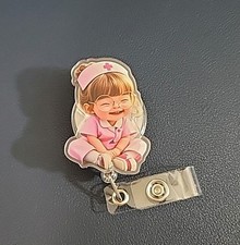 Cute Happy Nurse w/Glasses Retractable Badge Reel ID Holder 2D Flat Acrylic NEW 