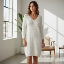 Black Tape Cable Knit Sweater Dress White V-Neck Long Sleeve Tunic Dress M NWOT