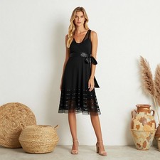 Evening Glam Midi Dress Black Sheer Mesh V-Neck Sleeveless Beaded Vero M
