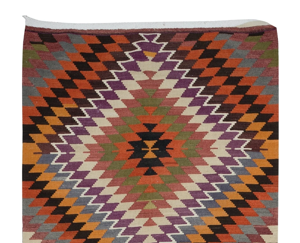 5x12.5 Ft Colorful Handmade Turkish Kilim, Vintage Diamond Design Runner Rug - Image 4 of 4