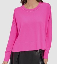 DKNY Women's Pink Stud Embellished Long-Sleeve Crewneck Sweater Size XL