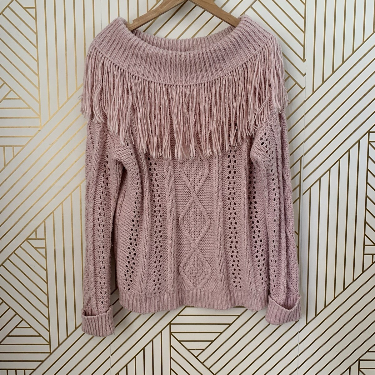 INC International Concepts cotton blend Cowl fringe cable knit sweater Y2K XL View 3