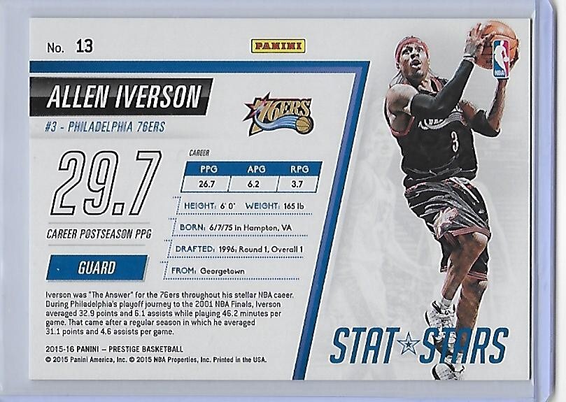 2015-16 Prestige ALLEN IVERSON Stat Stars insert #13 97/99