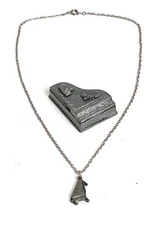 Vintage TORINO Pewter Piano Jewelry Earrings Necklace Brooch Pin Trinket Box