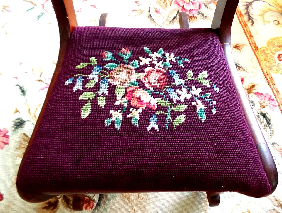 Children's Vintage Duncan Phyfe Rose Mahogany Rocking Chair Needlepoint Seat - Image 3 of 4