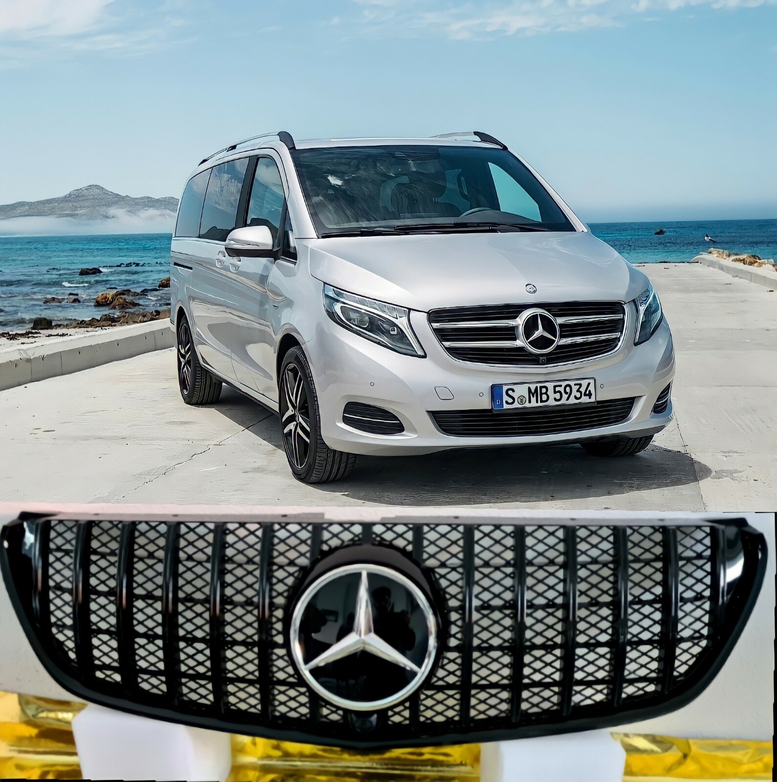 Calandre noire pour Mercedes Classe V W447 de 2014 à 2019 avec son logo chromé d'origine
