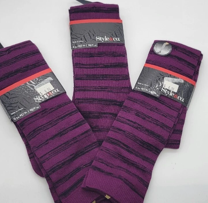 Lote de 3 CALCETINES Sobre la Rodilla Negro Púrpura Rayas Estilo & Co Calcetín Talla 9-11 Foto 2 de 4