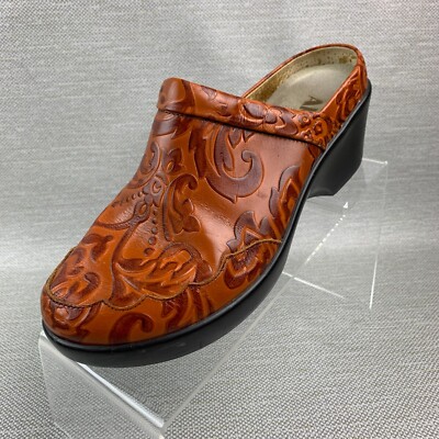 Alegria by PG Lite Mule Clog Caramel/Brown Leather Print Round Toe EU37/US7-7.5