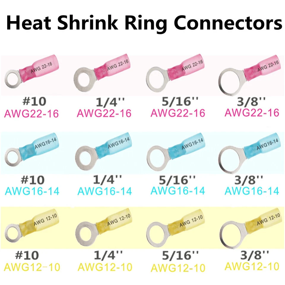 Heat Shrink Ring Terminal 22-10AWG Pre-Insulated Crimp Electrical Wire Connector - Image 2 of 4