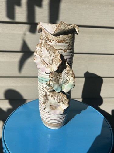 Gold Teal Leaves Ribbed Ornate Heavy Art Pottery Vase Folded Rim 10"