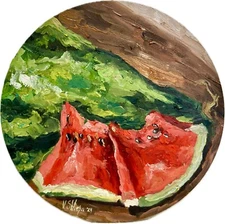 Watermelon Fruit Original Oil Painting  Still life Food Art Round Signed Kitchen