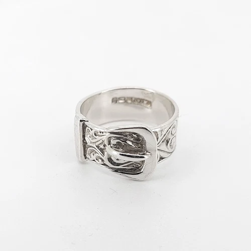 Vintage Silver Belt Buckle Ring 925 Silver Wide Band Floral Decorative Size R