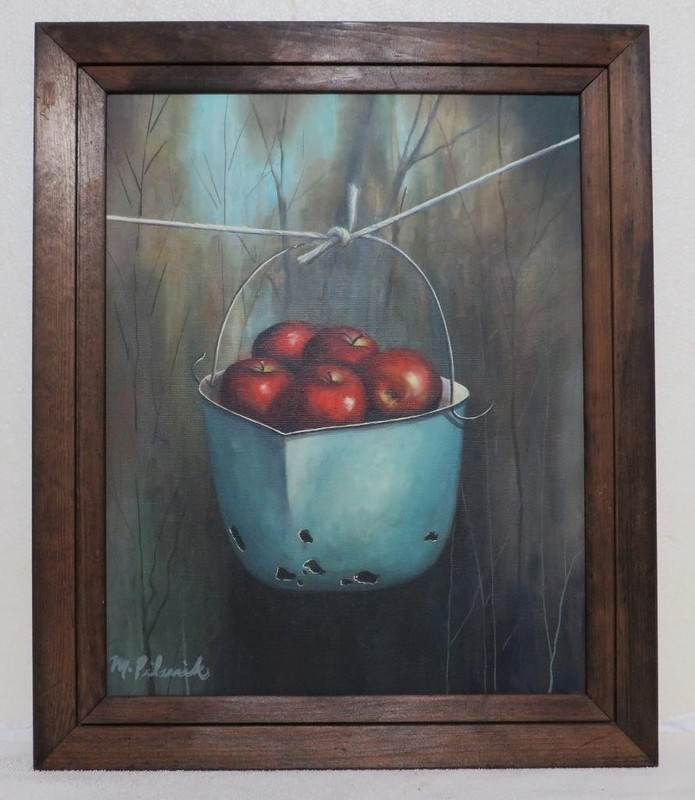Original Still Life Oil Painting on Canvas Apples Hanging in Bucket M. Palanik
