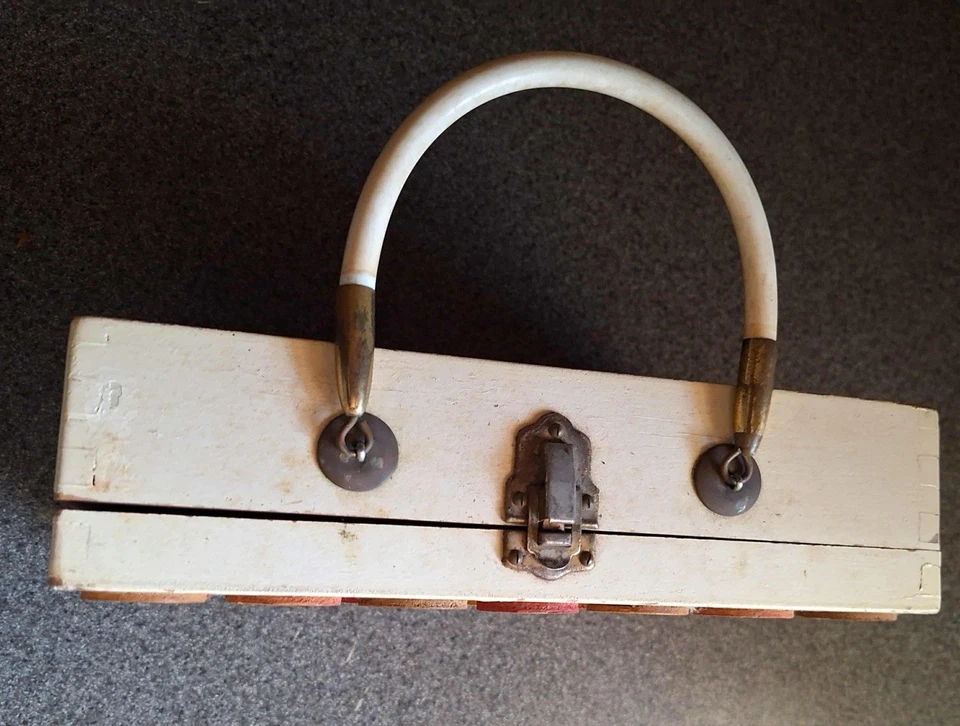 1960s Wooden Box Purse Vtg MOD Retro Style Brown w Black Wood Polka Dot Design - Image 3 of 4