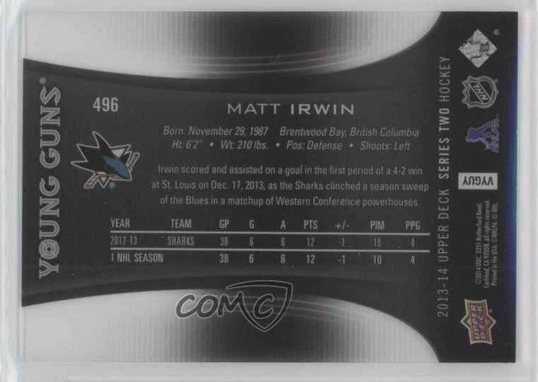 2013-14 Upper Deck Young Guns Acetate Young Guns Matt Irwin #496 Rookie RC - Image 2 of 2