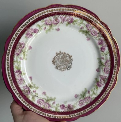 Antique 1889 Imperial Crown China Austria 8.5  Pink Floral Plate Red & Gold Rim