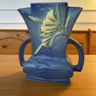 Roseville Freesia 1945 Vintage Art Pottery Blue Handled Ceramic Vase 200-7~ NICE