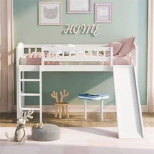 Twin Size Wood Loft Bed with Slide and Ladder for Teens Kids White