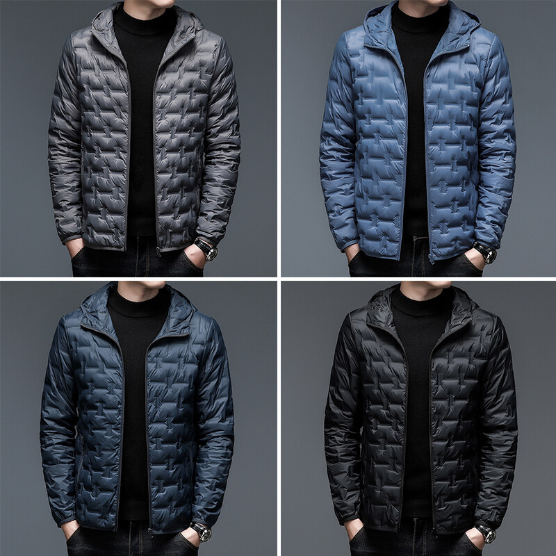 Men’s Duck Down Hooded Jacket – Slim Fit Colorblock Winter Coat with Lapel Collar