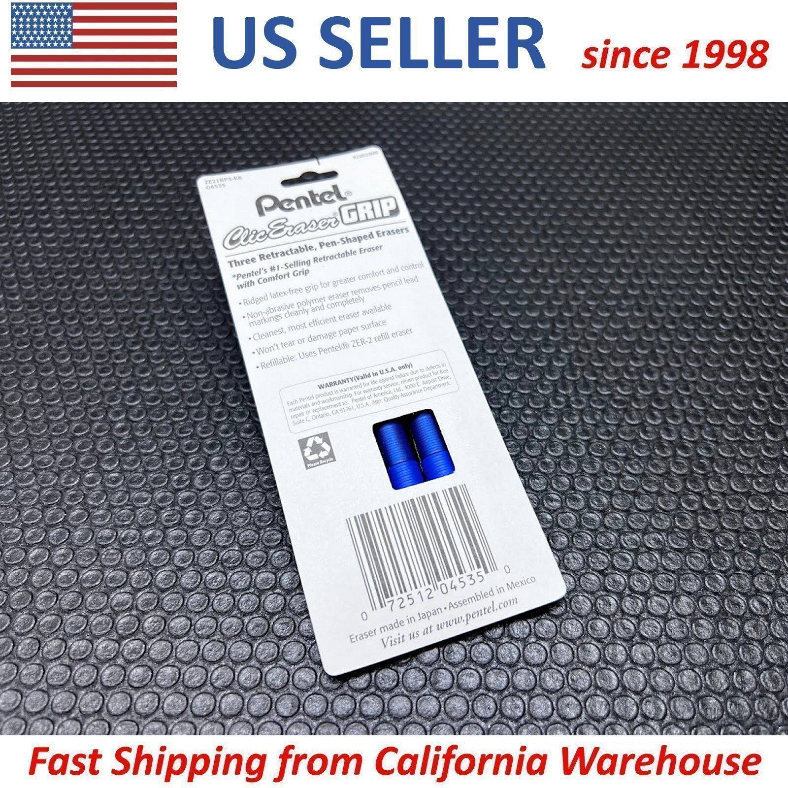 PENTEL 3x Clic Eraser GRIP ZE22 Lead Pencil Retractable Refill Eraser BLUE NEW