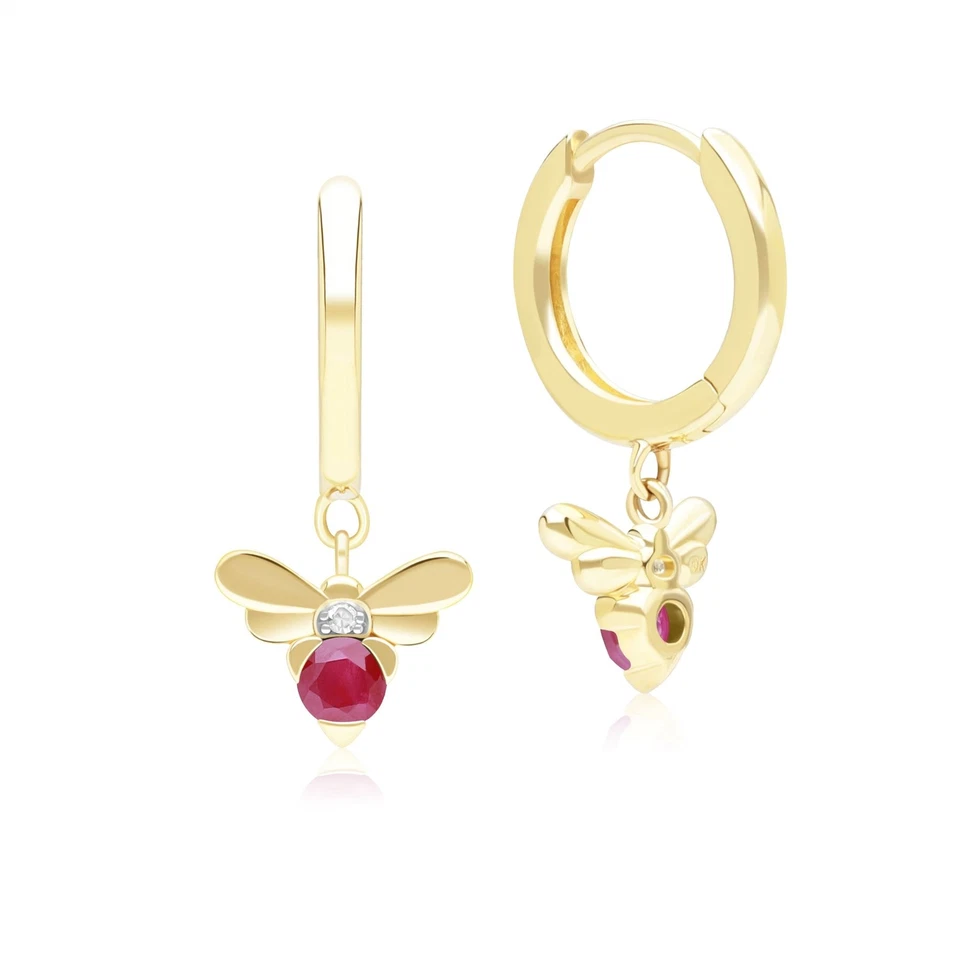 Honeycomb Inspired Ruby and Diamond Bee Hoop Earrings in 9ct Yellow Gold - Image 3 of 4