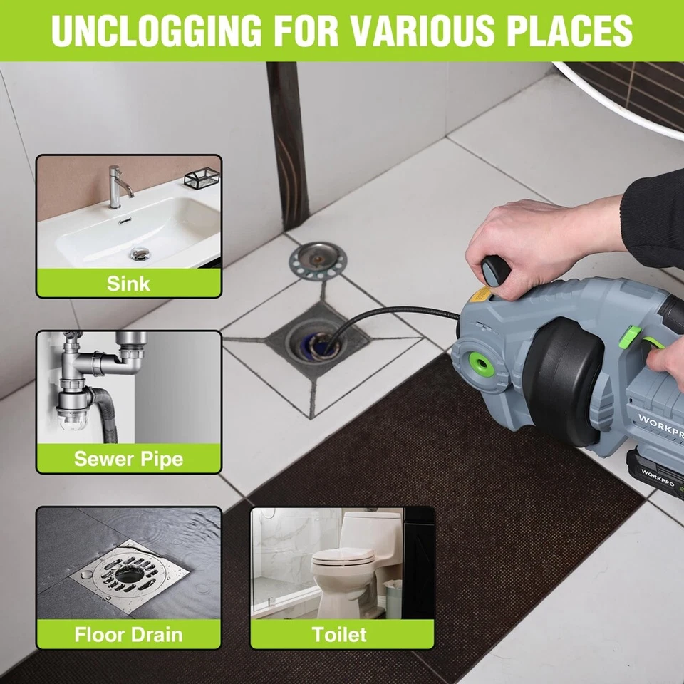 WORKPRO 20V NEW Electric Drain Auger 25Ft Plumbing Snake Drain Hair 3/4"-2" Pipe - Image 3 of 4