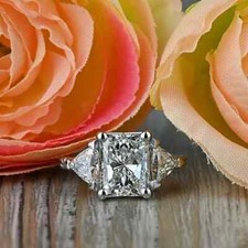 3 TCW Radiant Cut Moissanite Three Stone Engagement Ring 14K White Gold Plated