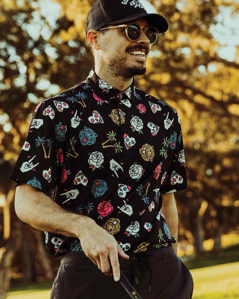 Devereux Men's Freestyle Skulls Tiger Golf Polo - Black