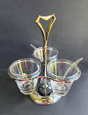 Kromex vintage condiment server glass cups metal brass accents spoons twirls