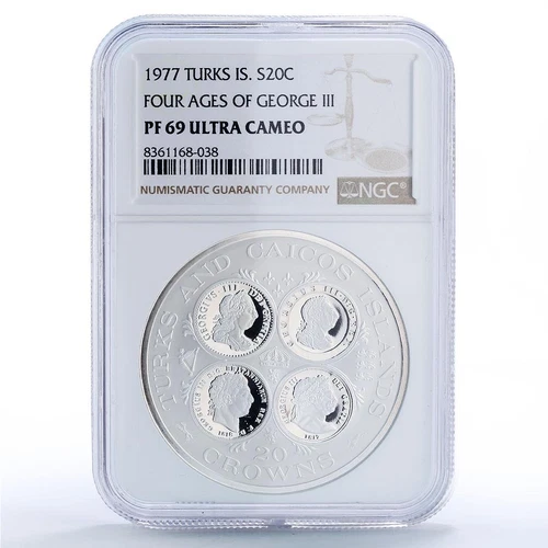 Turks and Caicos Islands 20 crowns King George III PF69 NGC silver coin 1977