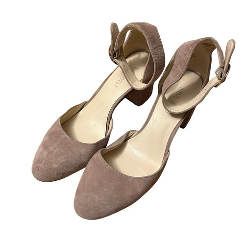 Nine West Size 6.5 M Addison Tan/Cream Suede Ankle Strap Chunky Gold Block Heels - Picture 2 of 4