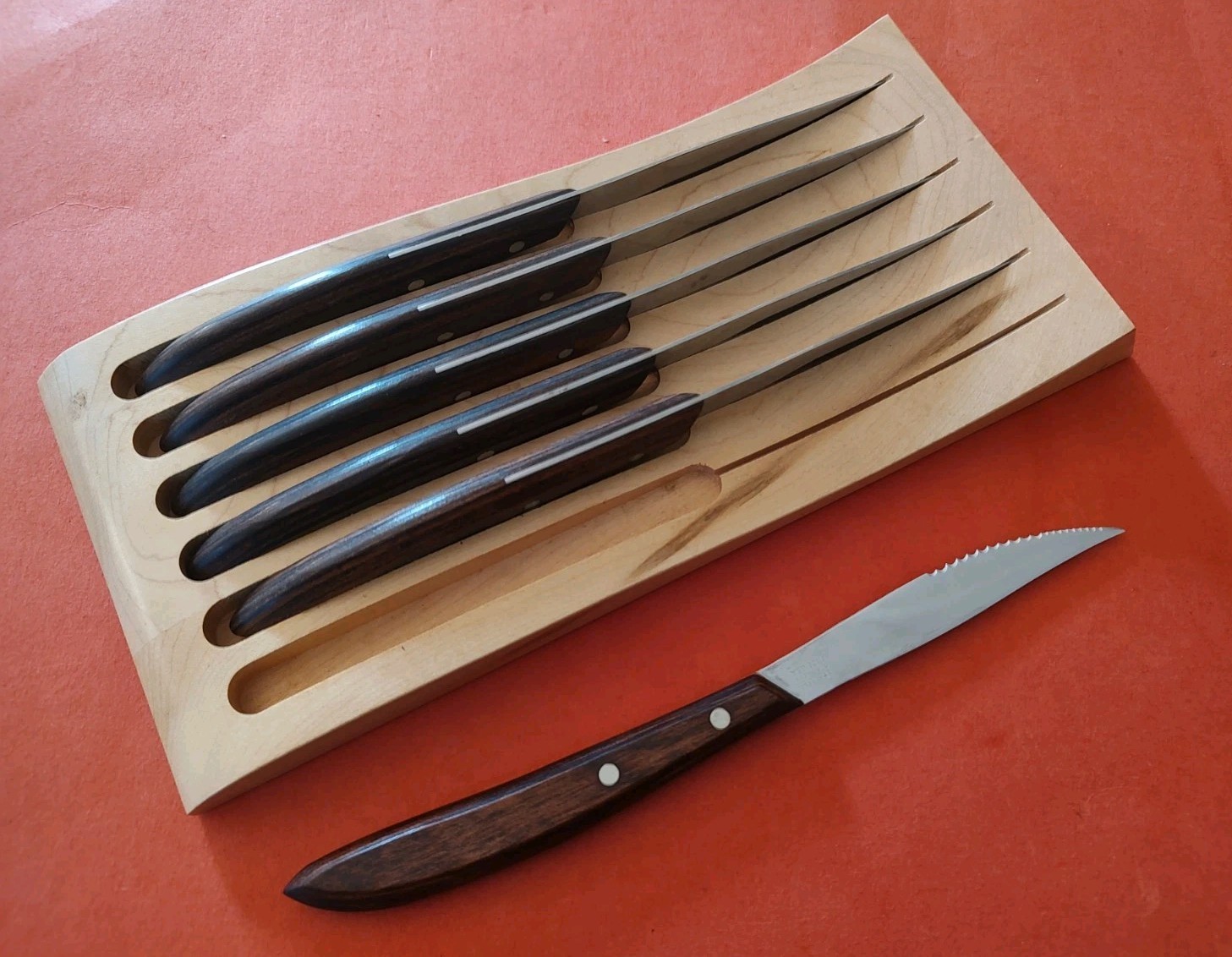 6 Russell Serrated Steak Knives Rosewood Handle USA MCM Rack Orig Box Dexter