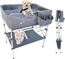 Elevated Foldable Dog Bathtub Portable Washing Station with Storage Towel Bar