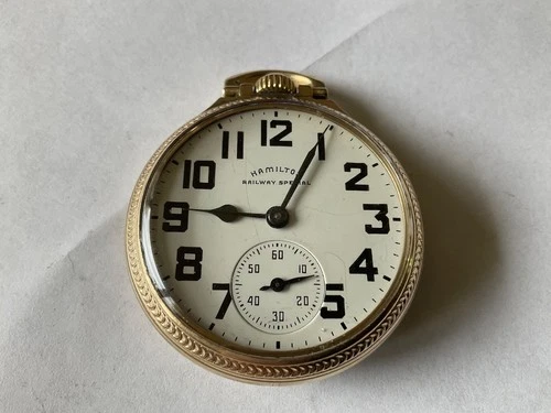 Neat Hamilton 992B 16s 21J adj 6 pos 10K RGP Hamilton cs pocket watch 1949