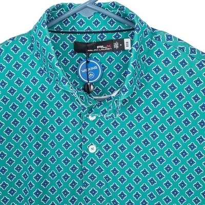 RLX Ralph Lauren Golf Polo Mens Medium Green Foulard Geometric Wicking Shirt